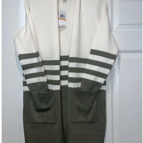NWT‼️ Michael Kors Cream and Army Green Open Front Cardigan - Picture 6 of 7